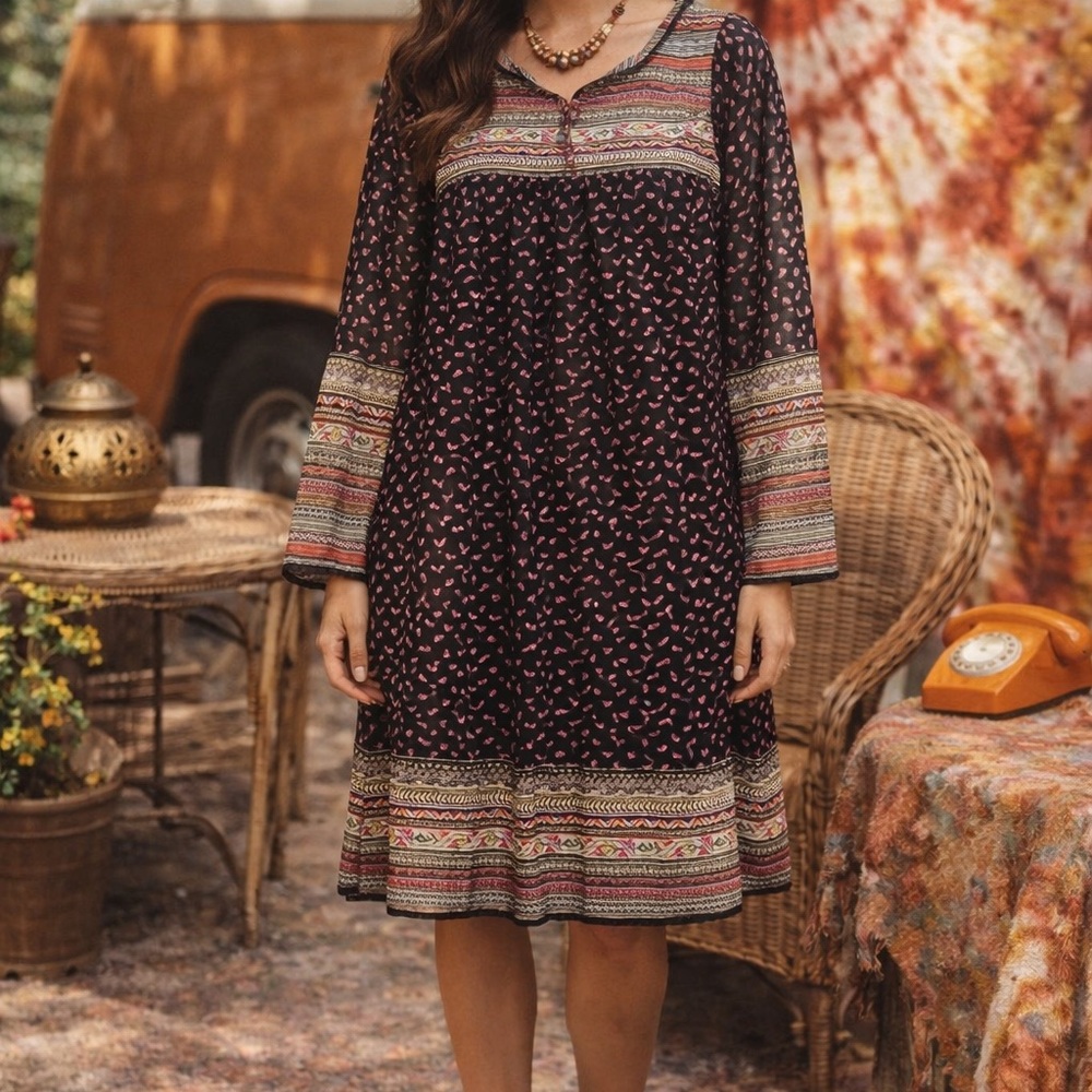 Vintage 70”s 2 piece Bohemian Black and Pink Dress